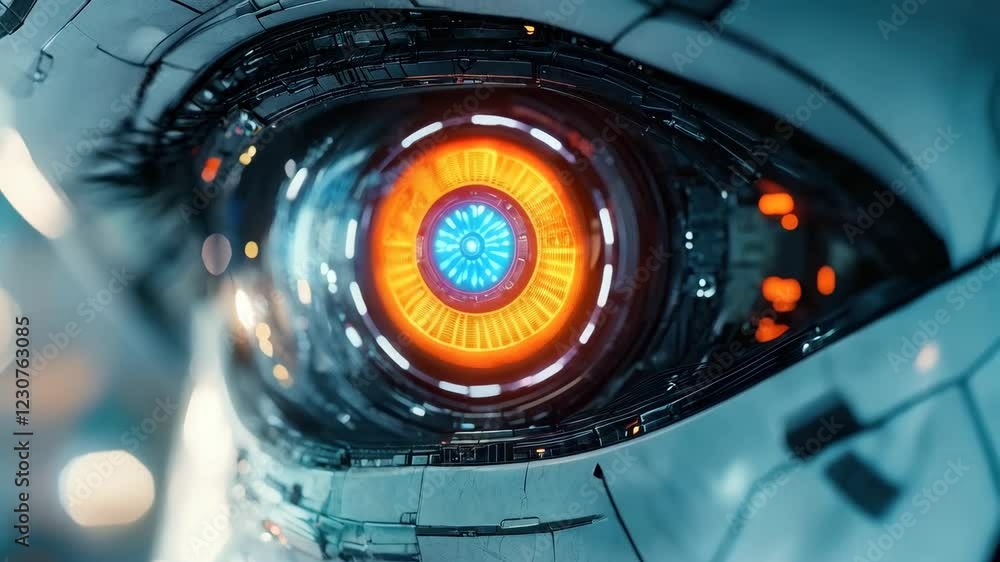 Poster closeup of cyborg eye transforming with luminous patterns and intricate mechanical movements