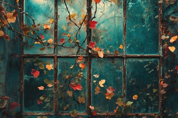 Autumn leaves clinging to a rustic, teal windowpane, creating a serene, autumnal scene.