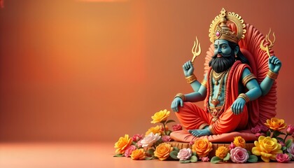 Obraz premium Vishwakarma Puja illustration of powerful god. Colorful roses, flowers surround divine figure. Traditional Indian design. Spiritual, religious art piece. Hindu deity. Festival background design.