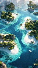 Aerial view Tropical islands, boats, turquoise water, clouds, travel brochure