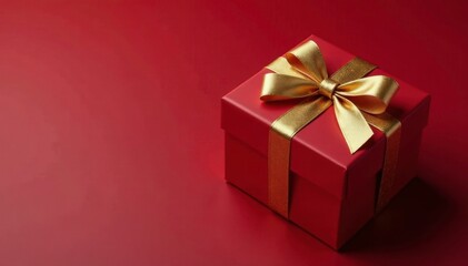 Fototapeta premium Wide-angle shot of a luxurious Christmas gift box with golden ribbon and decorations on burgundy background, holiday, present, giftbox