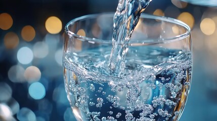 Water being poured into a glass, close-up of water and bubbles in the air, glass on a blue background
