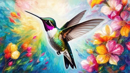 Obraz premium Hummingbird in vibrant flowers surrounded by colorful nature scenery