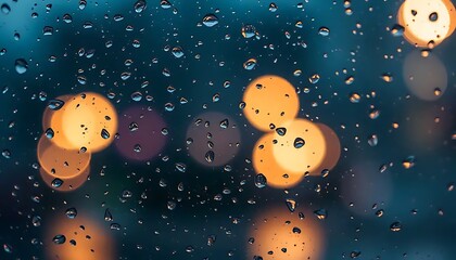 Raindrops on Glass Reflecting City Lights at Night
