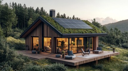 Obraz premium Modern Wooden Cabin with Green Roof and Solar Panels in Mountain Landscape