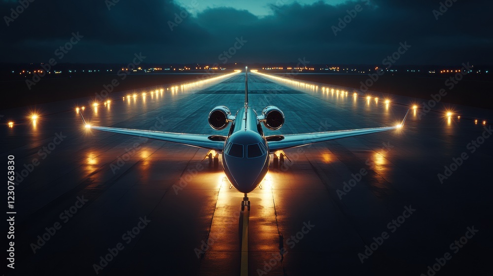 Leinwandbilder Airplane preparing for takeoff on illuminated runway with navigation lights at night. Generative AI