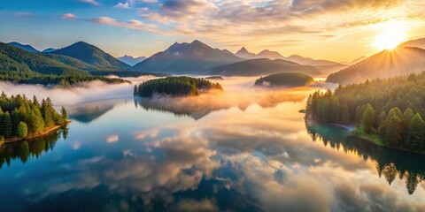 Aerial view of a serene mountain lake at sunrise with mist rising from the water, nature, serenity