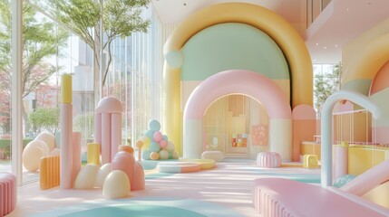 Indoor play area with pastel colors and geometric shapes, perfect for children's imagination and fun