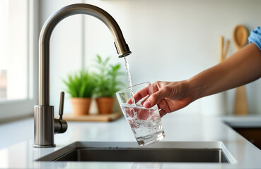 Person fills glass with water from kitchen tap. Water flows smoothly into clear glass. Modern chrome faucet, sink visible. Healthy hydration, eco-friendly actions highlighted. Pure, clear drinking