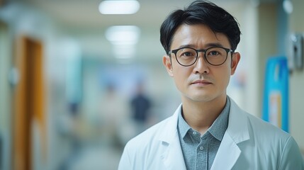 Obraz premium 40-year-old male Asia doctor wearing a white coat, glasses, and a gray shirt, standing in a hospital hallway.