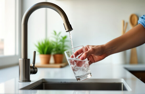 Person fills glass with water from kitchen tap. Water flows smoothly into clear glass. Modern chrome faucet, sink visible. Healthy hydration, eco-friendly actions highlighted. Pure, clear drinking