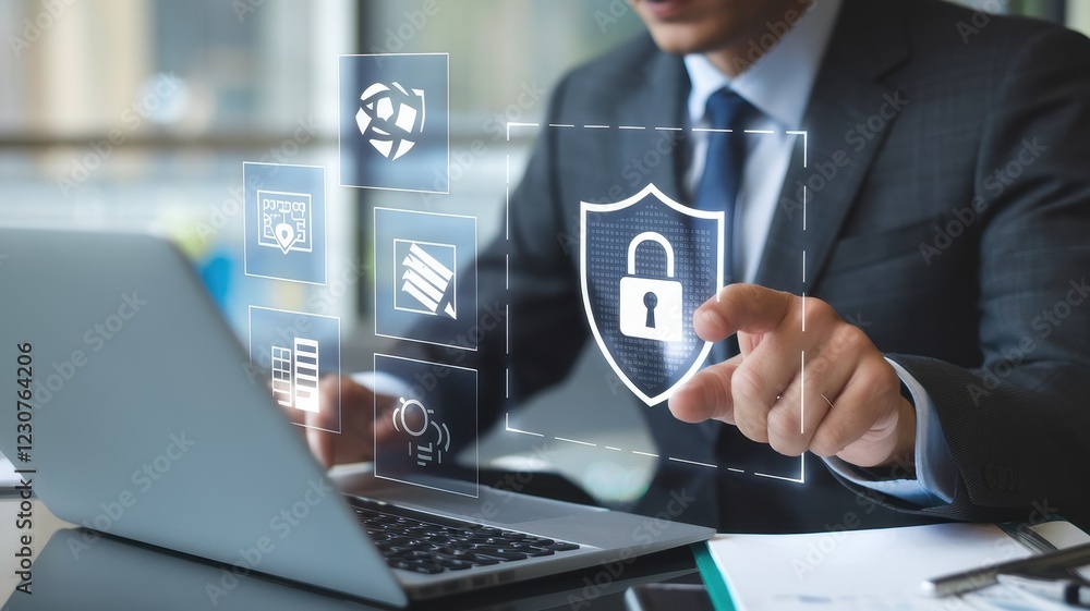 Poster cybersecurity professional securing data with modern technology