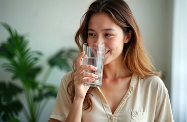 Young woman drinks fresh water from glass indoors. Smiles happily. Healthy lifestyle concept. Morning scene in kitchen home environment. Woman looks happy, healthy. Holds glass full of clean water.