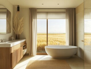 Fototapeta premium A bathroom with a bathtub and a mirror. The bathtub is white and the mirror is above it