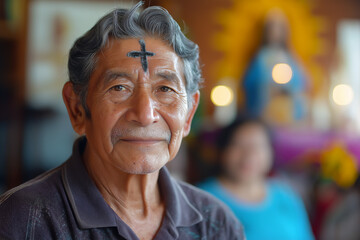 Obraz premium Older Hispanic man with ash smudge of Christian cross on forehead, Ash Wednesday concept