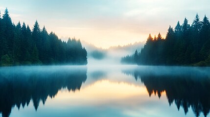 Fototapeta premium Serene Morning Mist Over a Calm Lake Surrounded by Towering Pine Forest