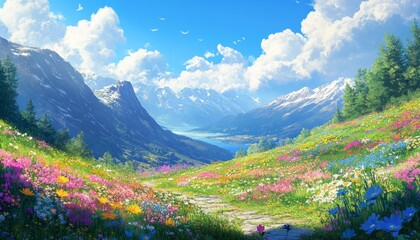 Sunny mountain valley with vibrant wildflowers and stone path.