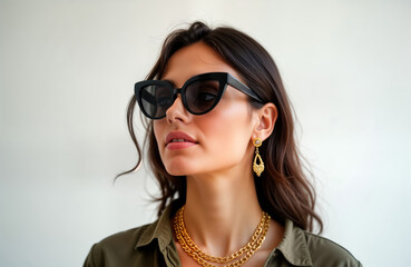 Young woman poses in studio. Attractive female model wears stylish sunglasses, gold jewelry. Fashionable portrait. Elegant look. Fashionable accessories. Stylish outfit. Modern fashion. Beautiful