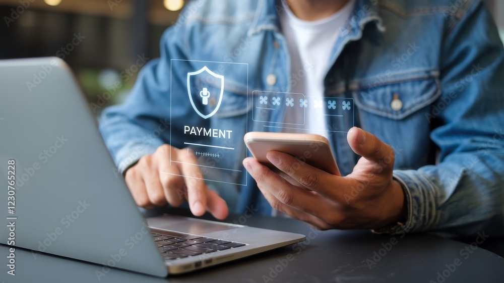 Poster secure online payment: man using laptop and smartphone for safe transaction