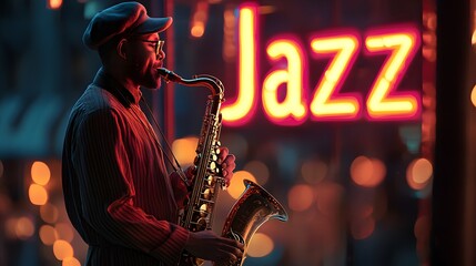 A jazz musician plays the saxophone in evening, against the backdrop of an illuminated neon "Jazz" sign. Jazz Appreciation Month