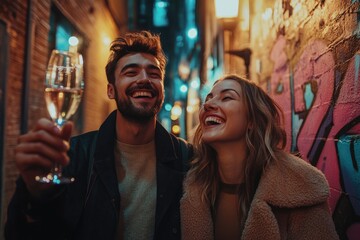 Obraz premium A happy couple enjoys a night out in a vibrant city alley, sharing laughter and a glass of wine.