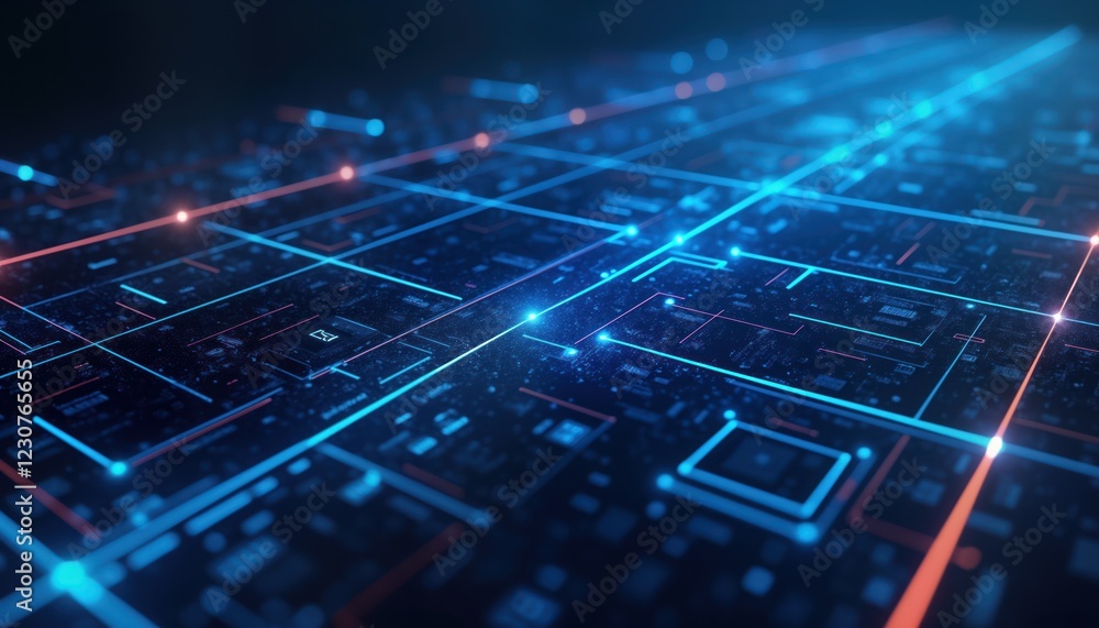 Poster abstract tech illustration shows glowing blue, orange neon lines forming complex grid pattern. intri
