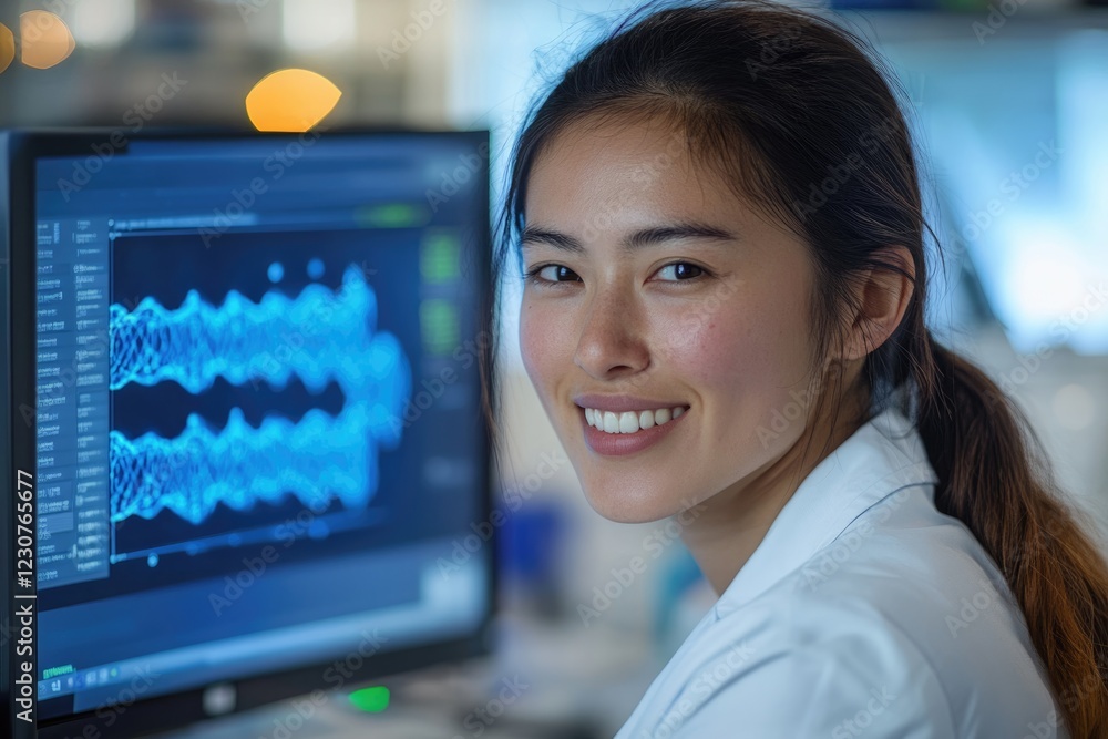 Poster a smiling female scientist looks at a computer screen displaying blue wave data.