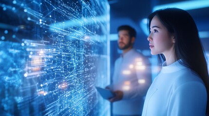 Diverse Group of Tech Professionals Analyzing Digital Data Interface in Office