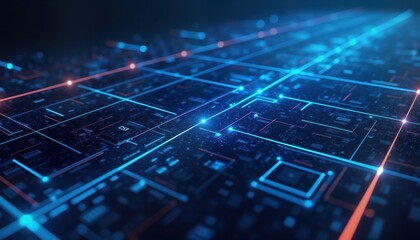 Abstract tech illustration shows glowing blue, orange neon lines forming complex grid pattern. Intricate network structure suggests advanced tech innovation. Bright lights highlight data flow within