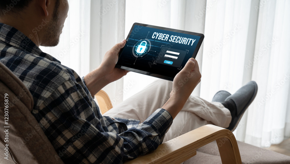 Poster cyber security system on computer screen protect private information snugly from hacker and cyber at