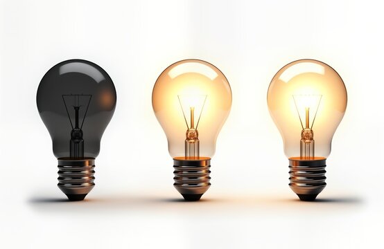 Three light bulbs displayed against white background. One bulb dark, not lit. Two bulbs lit. Concept highlights difference between innovation, no innovation. Brightly lit bulbs show idea of