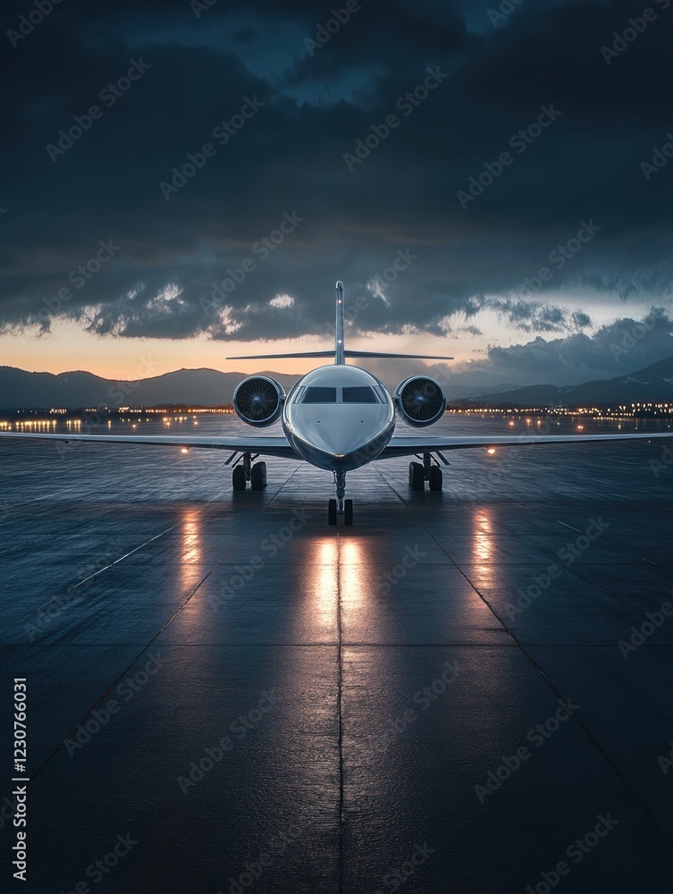 Aufkleber airplane on illuminated runway at night highlighting navigation lights and scenic backdrop. generati