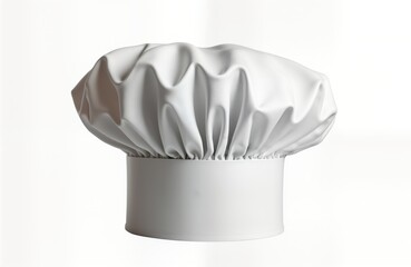 Isolated white chef hat on plain white background. Pro culinary uniform. Perfect for cookery, eatery, food-related projects. Modern style. Suitable for culinary illustrations, culinary art. Perfect