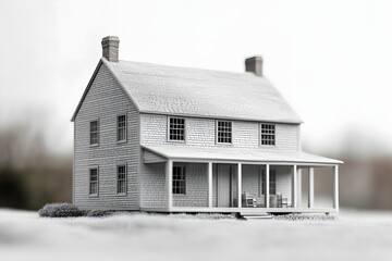 A detailed model of an old New England-style house with a gray shingle roof, white walls, and a wooden porch