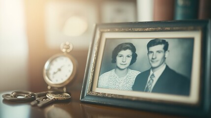 Vintage Portrait of a Couple in Frame with Pocket Watch and Keys