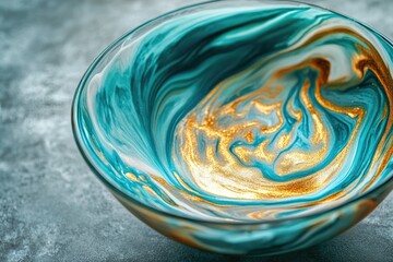 Teal and gold marbled glass bowl, swirling abstract design, luxurious texture.