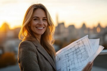 A smiling female architect holds blueprints at sunset, showcasing urban cityscape in background.