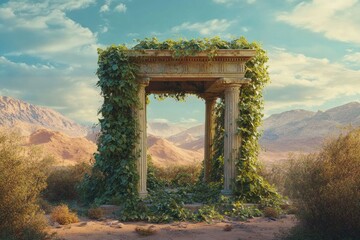 Fototapeta premium Overgrown ancient stone archway stands majestically against a backdrop of sun-drenched mountains.