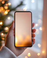 Modern Smartphone Displayed in Hand with Festive Lights in the Background