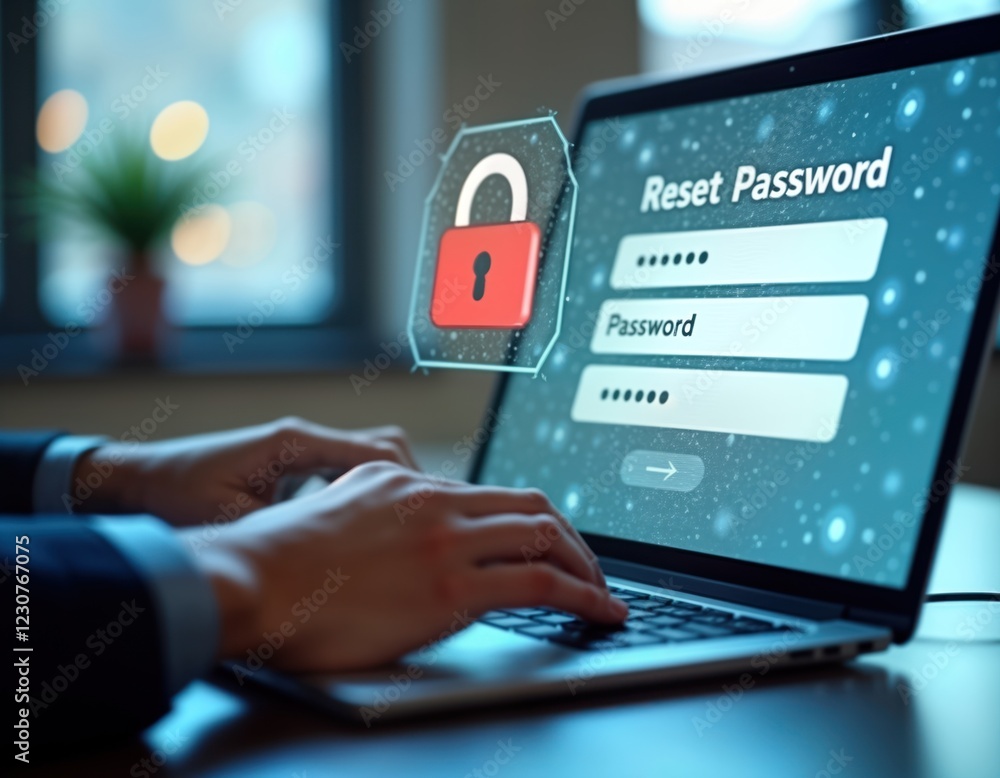 Poster business person uses laptop to reset password. security code displayed on screen. cybersecurity conc
