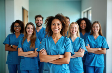 Dental care team poses together in clinic. Healthcare providers stand in row, smiling, confident. Positive, unified health care team. Modern dental practice. Friendly, pro healthcare team. Focused on