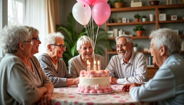 Senior friends celebrate birthday at retirement home. Happy group enjoys cake with balloons. They are smiling and laughing. Joyful event indoors. Friendly atmosphere. Senior citizens lifestyle.
