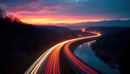 Highway at night with long exposure. Cars moving fast. Colorful lights streaks. Beautiful landscape view with dark hills, calm river. Scenic night drive scene. Cityscape at twilight. Urban landscape
