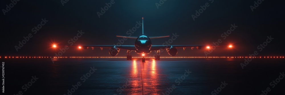 Aufkleber airplane on illuminated runway at night with glowing navigation lights shining brightly. generative 