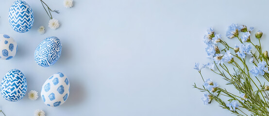 Easter banner with blue eggs and flowers on a dark background, flat lay top view, copy space for design