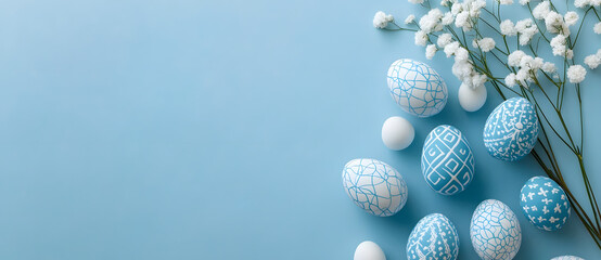 Easter banner with blue eggs and flowers on a dark background, flat lay top view, copy space for design
