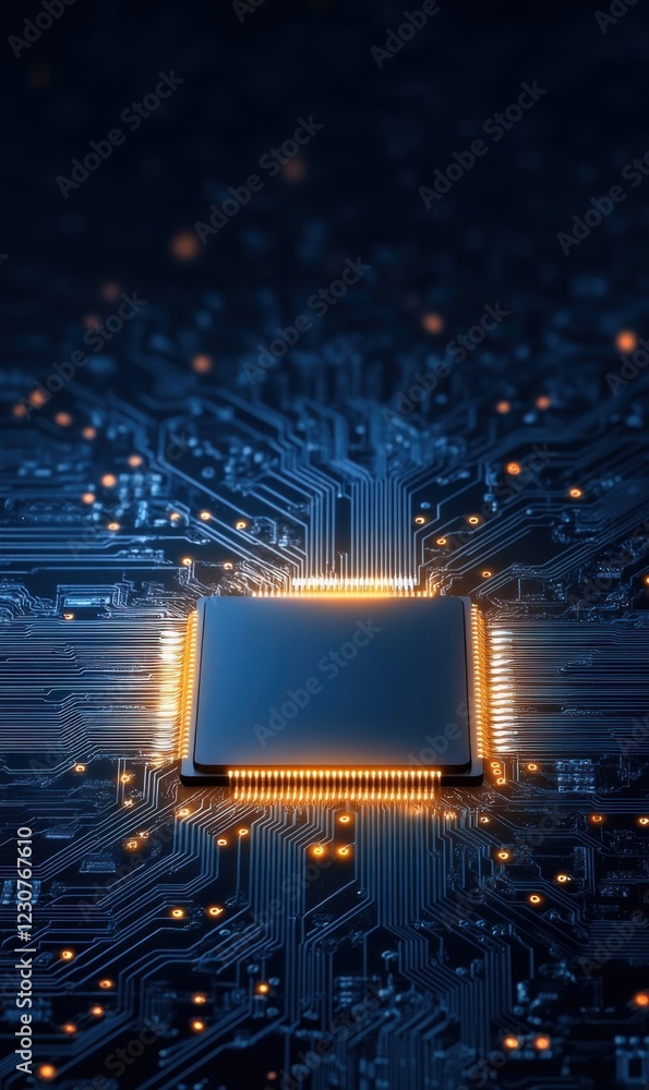 Poster abstract close-up of computer chip on circuit board with bright lights and deep blue background