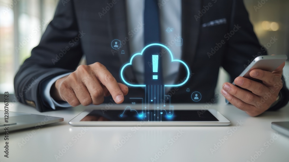Aufkleber cloud computing alert: businessman managing digital data on tablet and smartphone