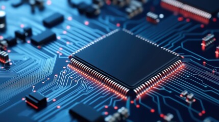 Close-up View of a Modern Circuit Board with Microprocessor and Electronic Components in Blue Tones