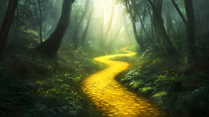 Obraz premium A winding yellow brick road leads through a misty forest, with sunlight filtering through the trees. Enchanted Falls. Illustration